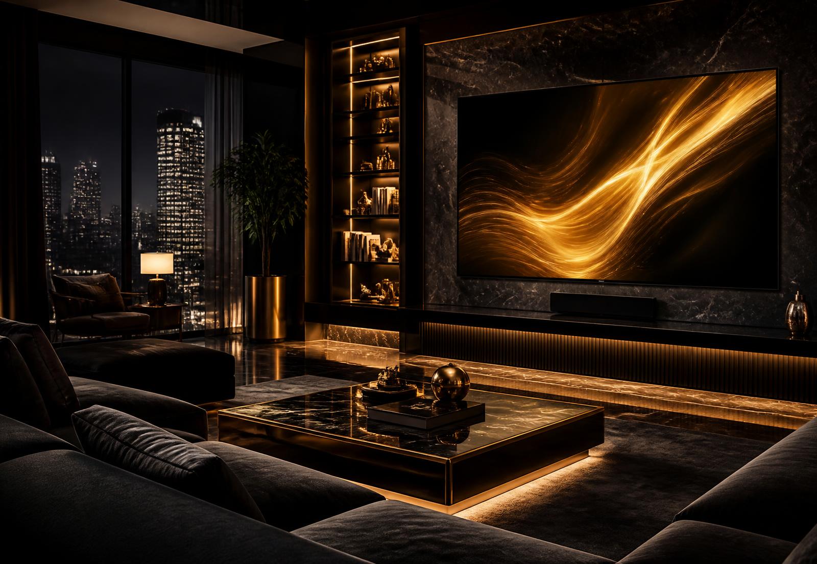 Salon home cinéma avec un grand écran, la nuit